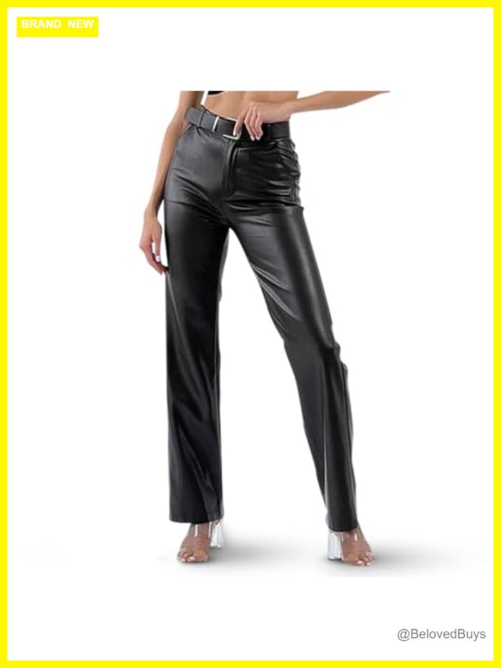High Waist Straight Leg Faux Leather Pants with Pockets and Belt